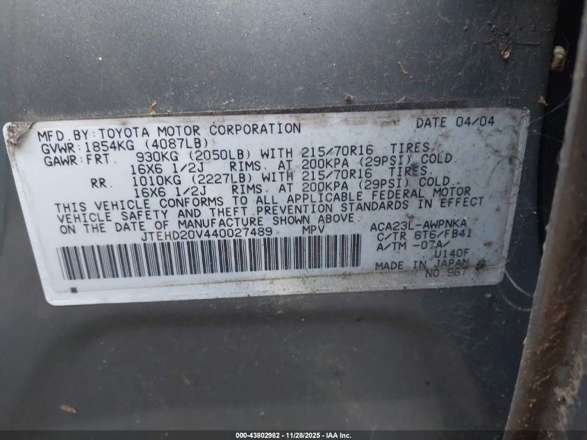 2004 Toyota Rav4 VIN: JTEHD20V440027489 Lot: 43802982