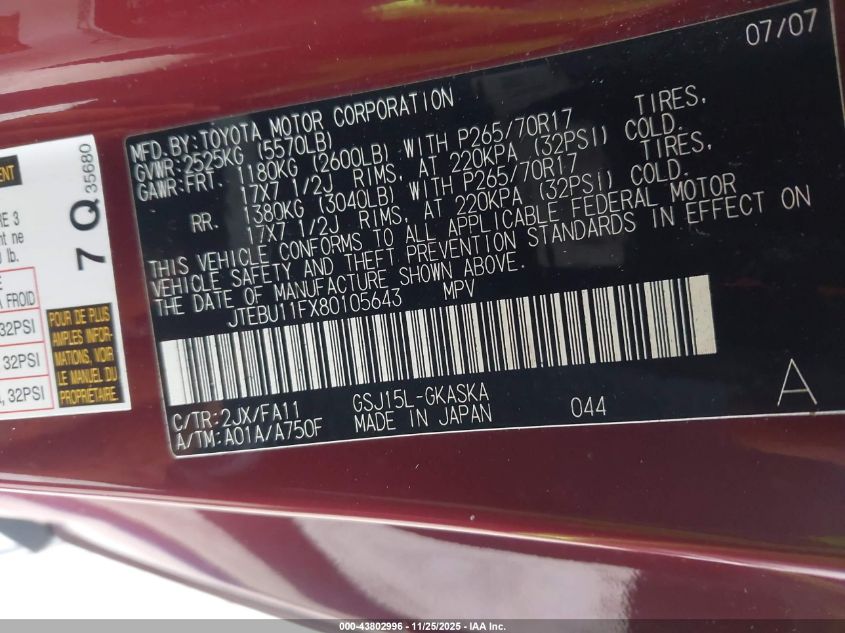 2008 Toyota Fj Cruiser VIN: JTEBU11FX80105643 Lot: 43802996