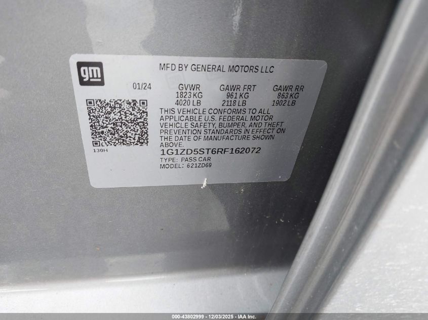 2024 Chevrolet Malibu Fwd 1Lt VIN: 1G1ZD5ST6RF162072 Lot: 43802999