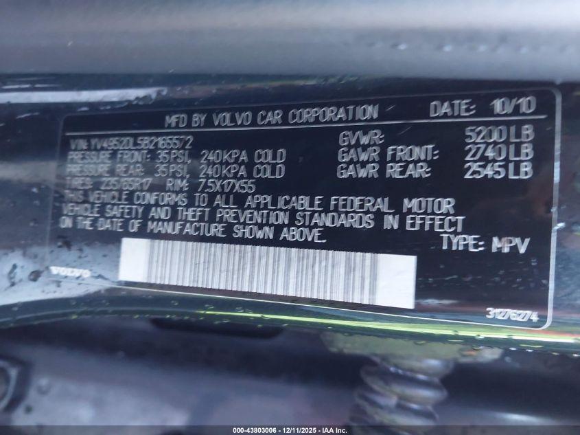 2011 Volvo Xc60 3.2/3.2 R-Design VIN: YV4952DL5B2165572 Lot: 43803006