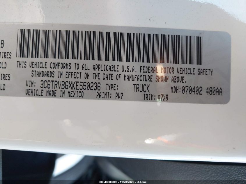 2019 Ram Promaster 1500 High Roof 136 Wb VIN: 3C6TRVBGXKE550236 Lot: 43803009