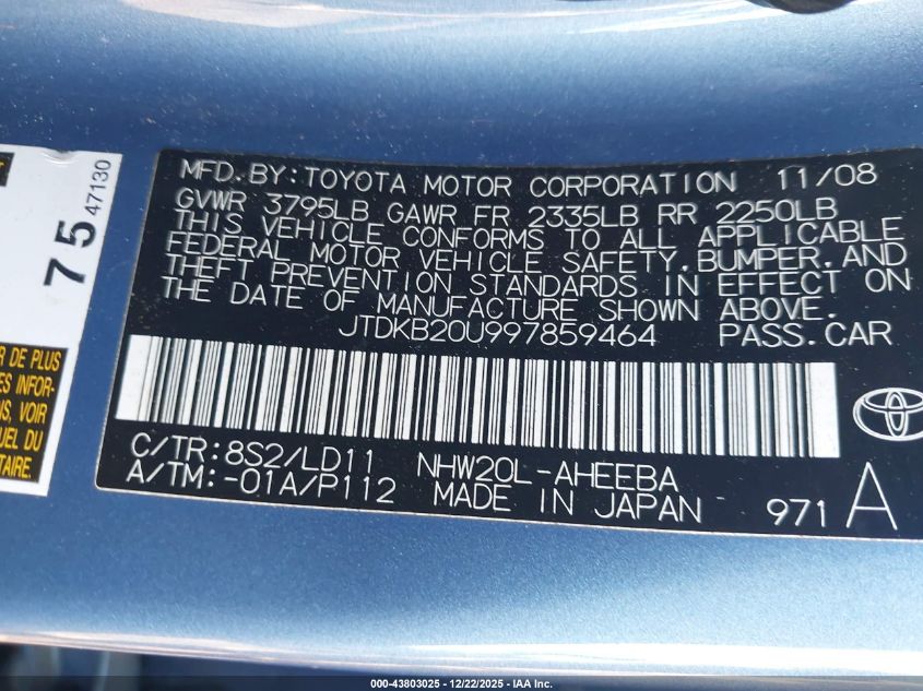 2009 Toyota Prius VIN: JTDKB20U997859464 Lot: 43803025