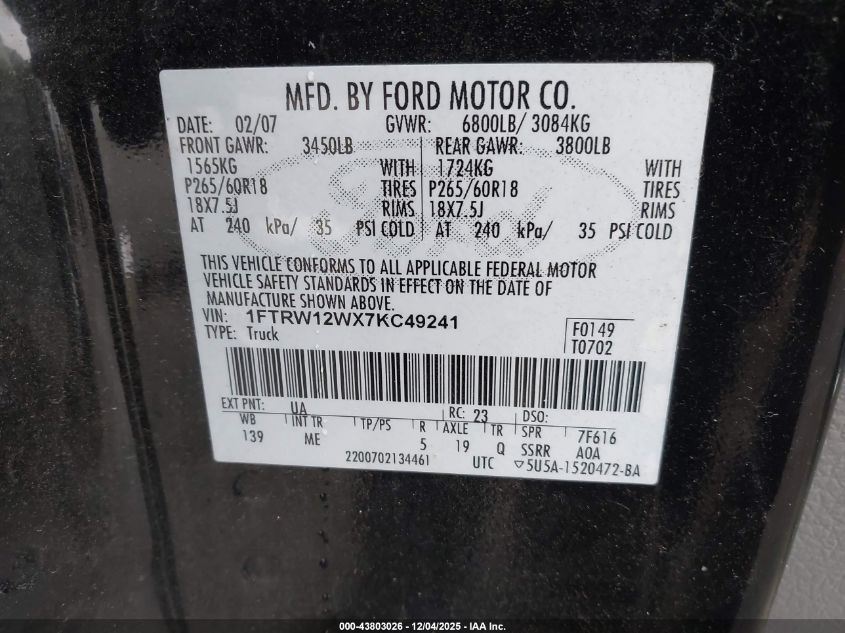 2007 Ford F-150 Xlt VIN: 1FTRW12WX7KC49241 Lot: 43803026