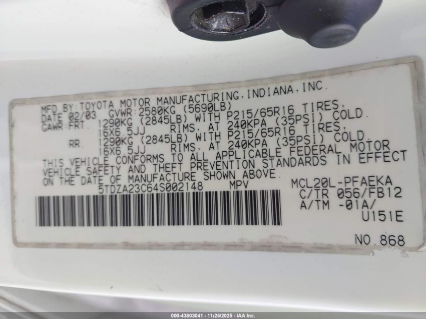 2004 Toyota Sienna Le VIN: 5TDZA23C64S002148 Lot: 43803041