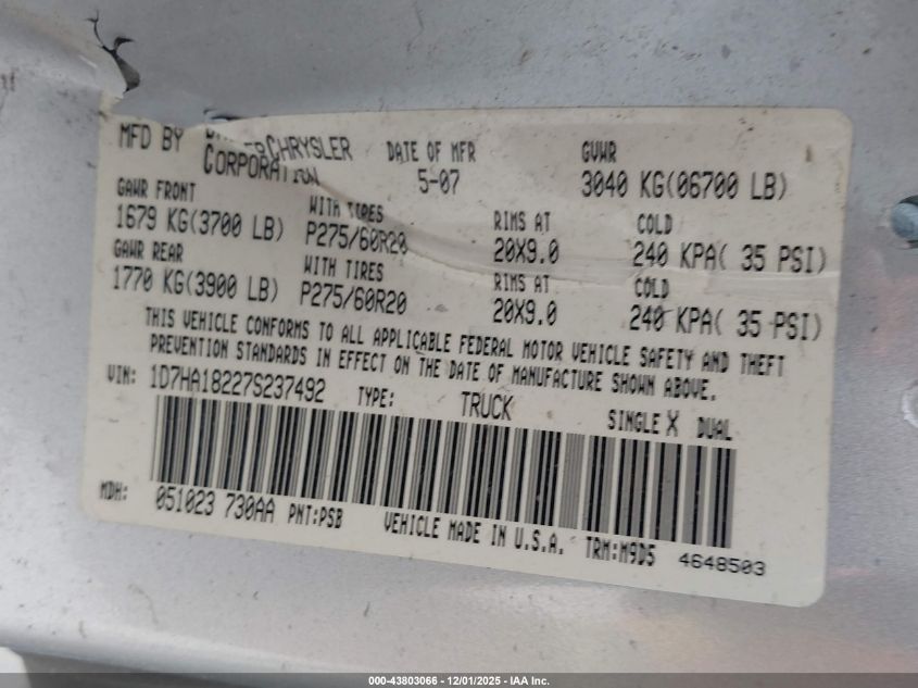 2007 Dodge Ram 1500 Slt VIN: 1D7HA18227S237492 Lot: 43803066