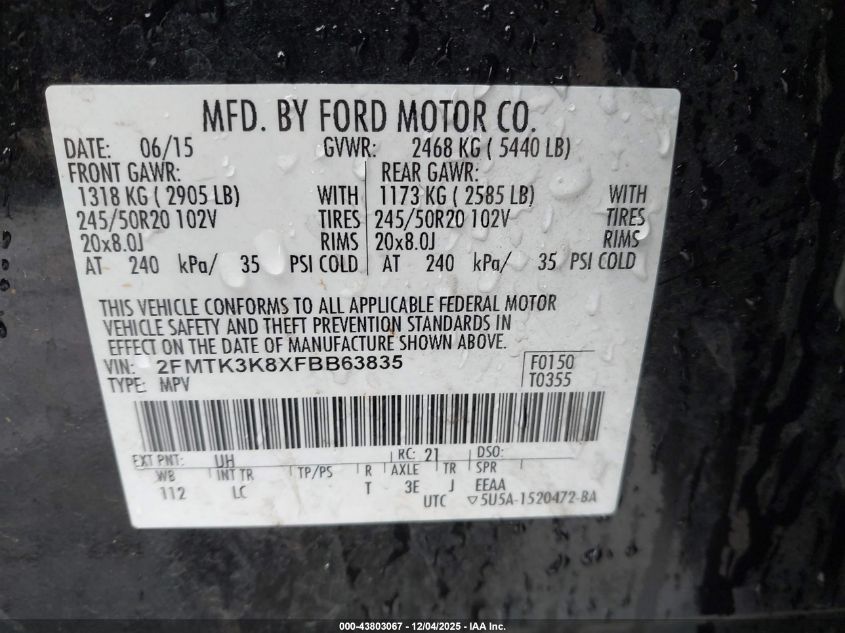 2015 Ford Edge Titanium VIN: 2FMTK3K8XFBB63835 Lot: 43803067