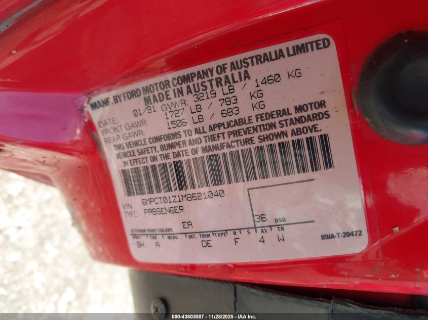 1991 Mercury Capri VIN: 6MPCT01Z1M8621040 Lot: 43803087