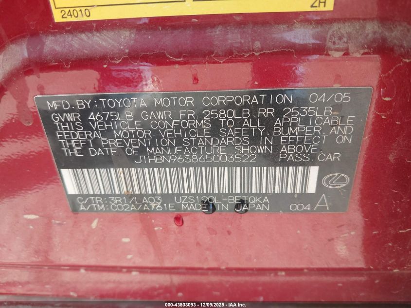 2006 Lexus Gs 430 VIN: JTHBN96S865003522 Lot: 43803093