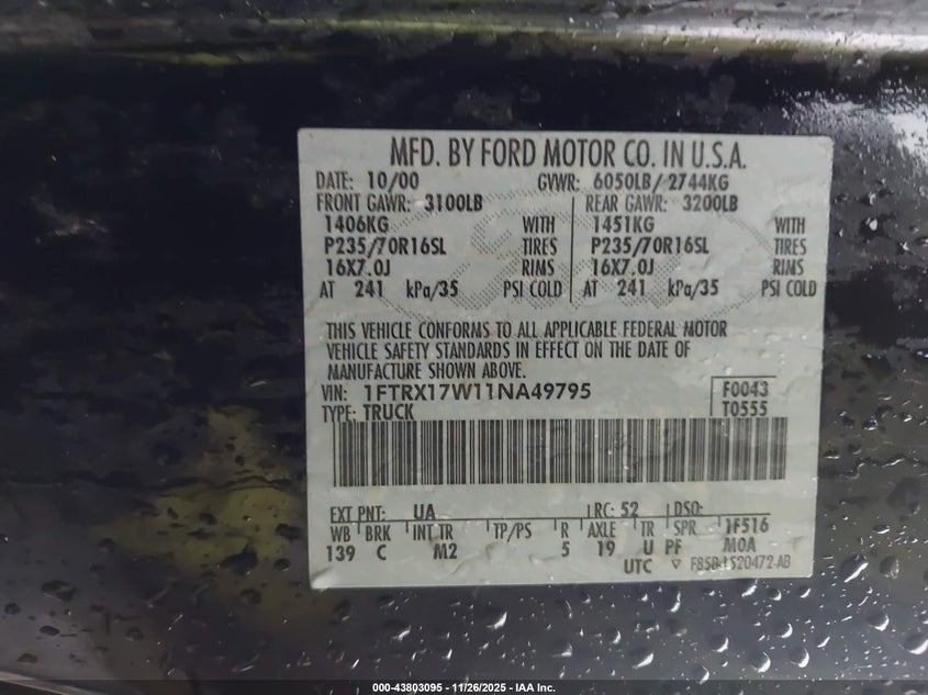 2001 Ford F-150 Lariat/Xl/Xlt VIN: 1FTRX17W11NA49795 Lot: 43803095