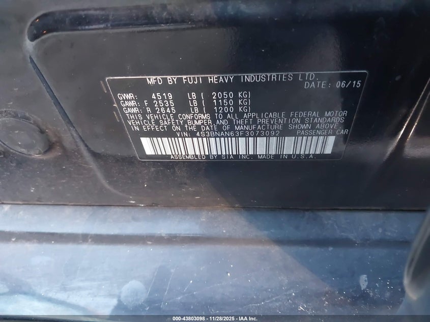2015 Subaru Legacy 2.5I Limited VIN: 4S3BNAN63F3073092 Lot: 43803098