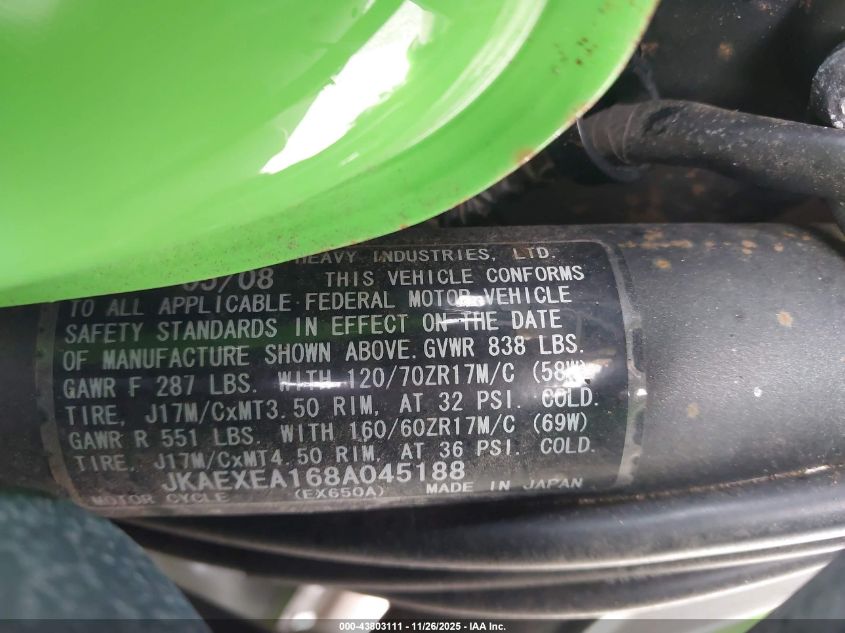 2008 Kawasaki Ex650 A VIN: JKAEXEA168A045188 Lot: 43803111