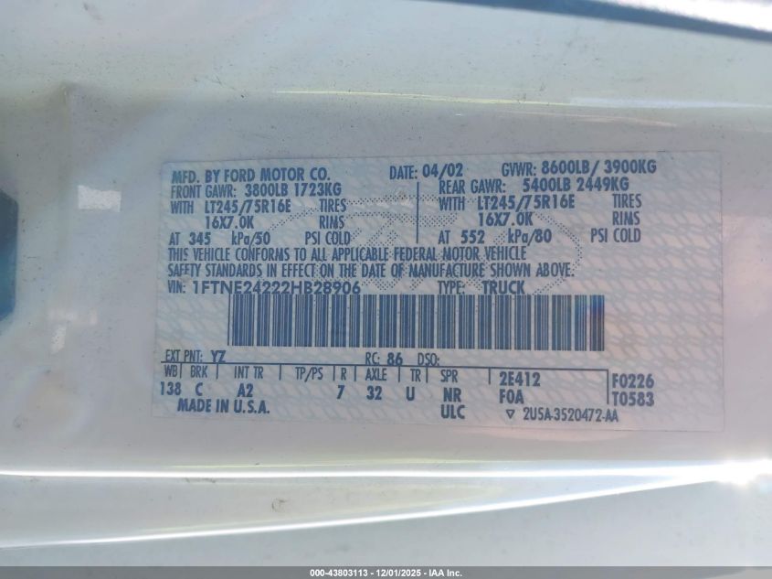 2002 Ford E-250 Commercial VIN: 1FTNE24222HB28906 Lot: 43803113