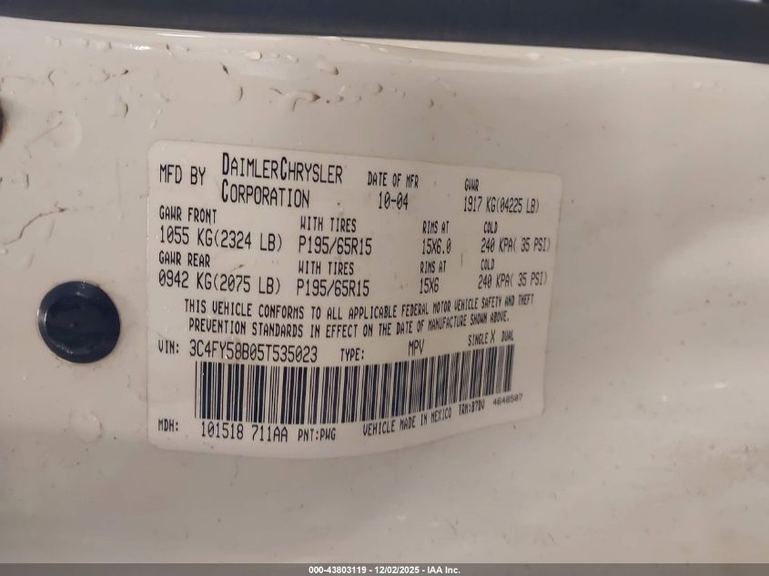 2005 Chrysler Pt Cruiser Touring VIN: 3C4FY58B05T535023 Lot: 43803119