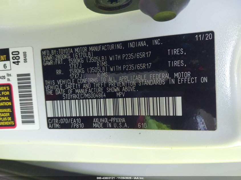 2021 Toyota Sienna Xle VIN: 5TDYRKEC7MS004864 Lot: 43803121