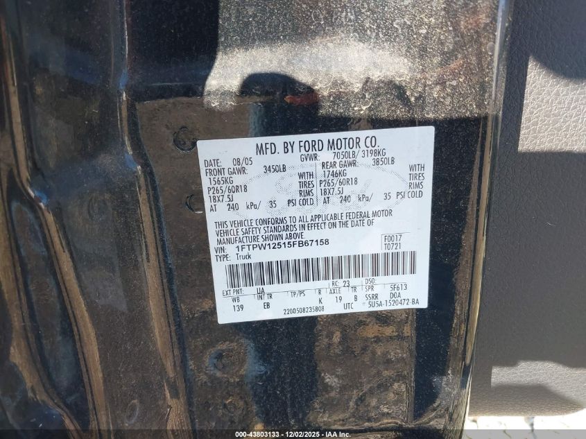 2005 Ford F-150 Lariat/Xlt VIN: 1FTPW12515FB67158 Lot: 43803133