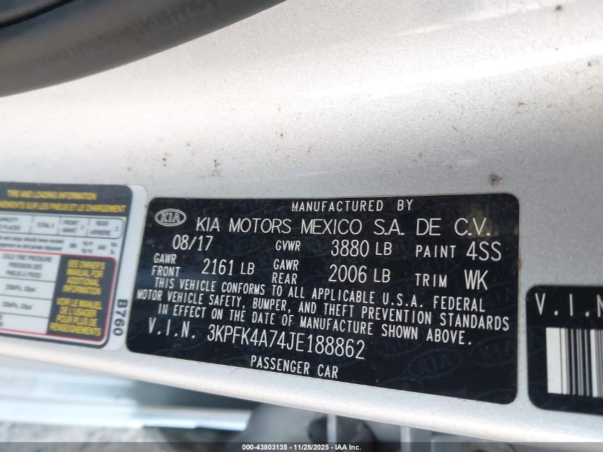 2018 Kia Forte Lx VIN: 3KPFK4A74JE188862 Lot: 43803135