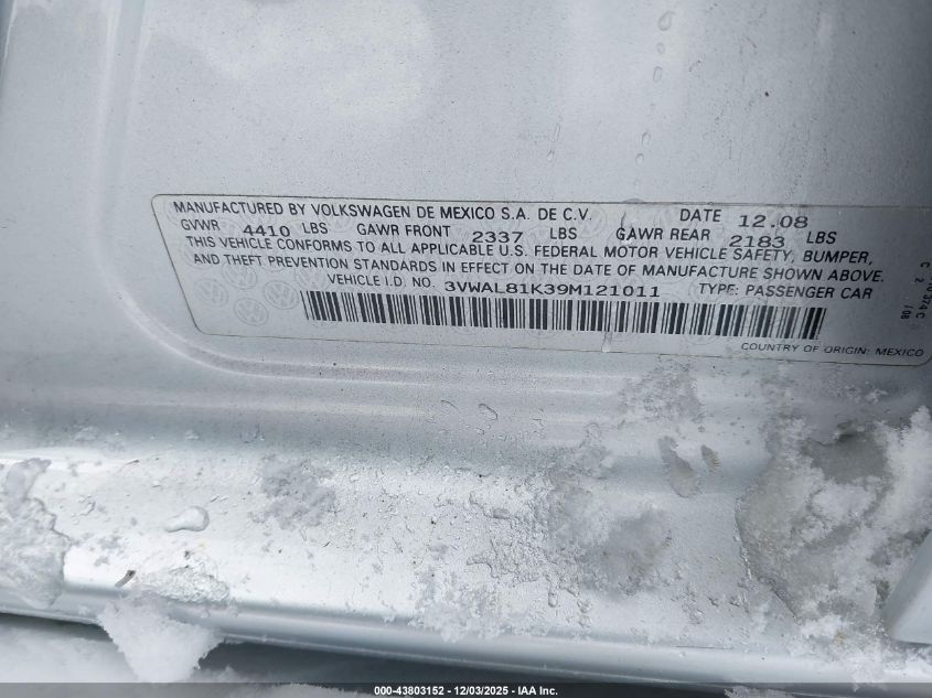 2009 Volkswagen Jetta Tdi VIN: 3VWAL81K39M121011 Lot: 43803152