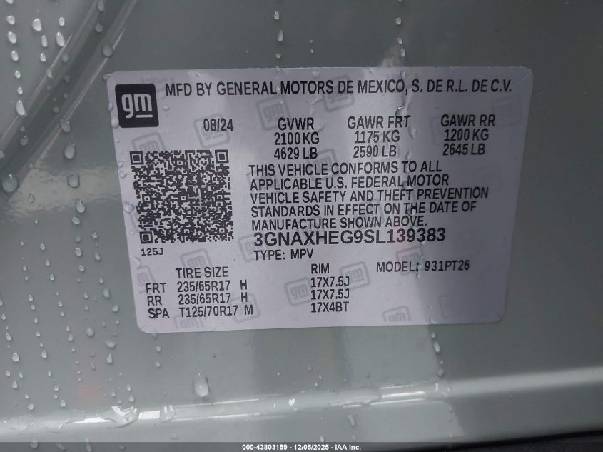 2025 Chevrolet Equinox Fwd Lt VIN: 3GNAXHEG9SL139383 Lot: 43803159