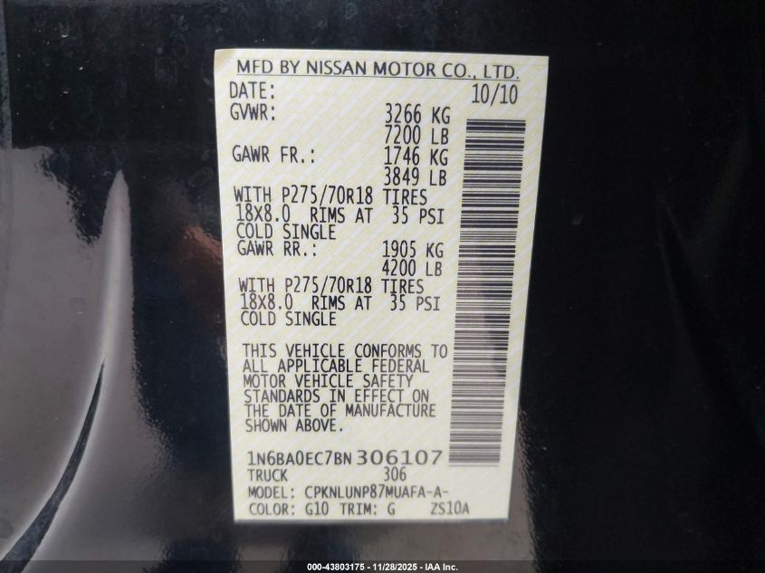 2011 Nissan Titan Pro-4X VIN: 1N6BA0EC7BN306107 Lot: 43803175