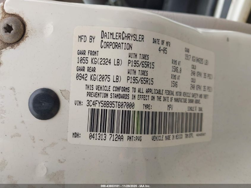 2005 Chrysler Pt Cruiser Touring VIN: 3C4FY58B95T607000 Lot: 43803181