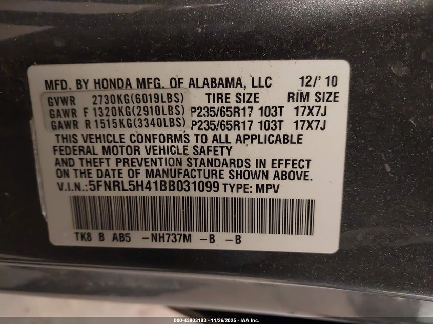 2011 Honda Odyssey Ex VIN: 5FNRL5H41BB031099 Lot: 43803183