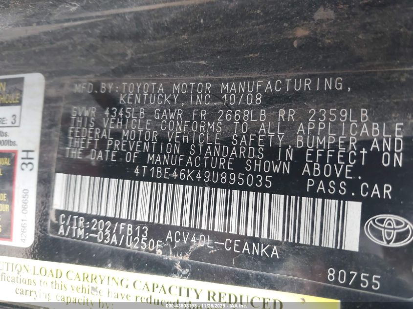 2009 Toyota Camry Le VIN: 4T1BE46K49U895035 Lot: 43803198