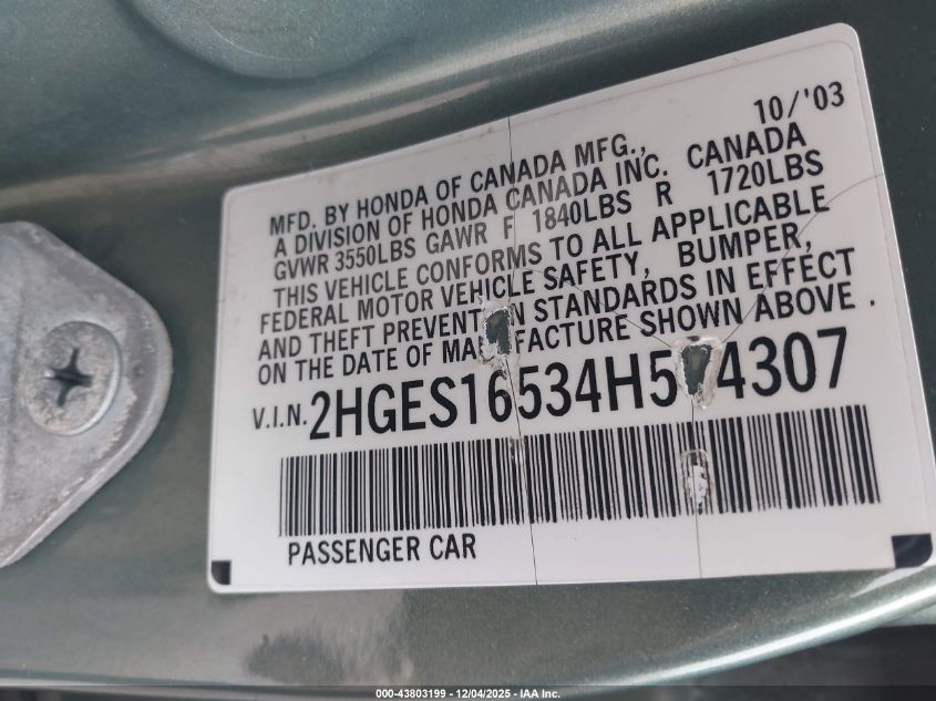 2004 Honda Civic Lx VIN: 2HGES16534H514307 Lot: 43803199