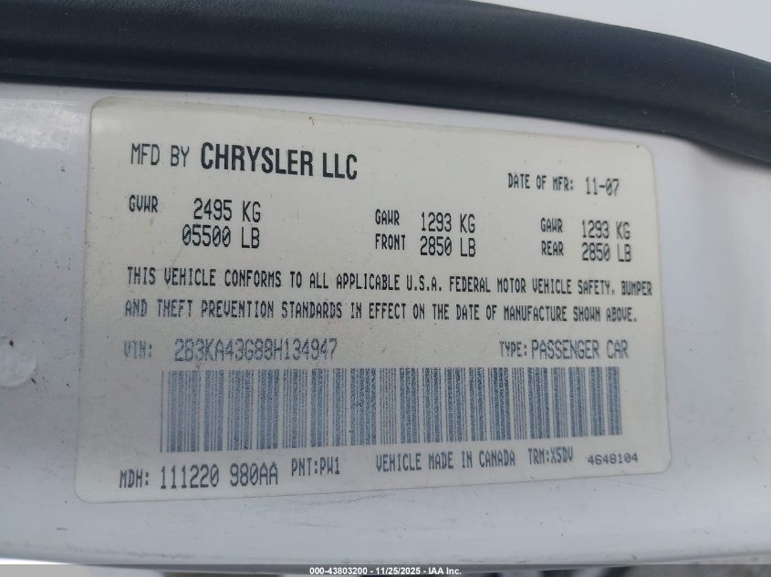 2008 Dodge Charger VIN: 2B3KA43G88H134947 Lot: 43803200