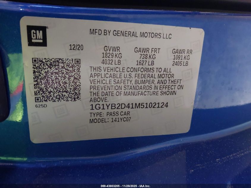 2021 Chevrolet Corvette Stingray Rwd 2Lt VIN: 1G1YB2D41M5102124 Lot: 43803205