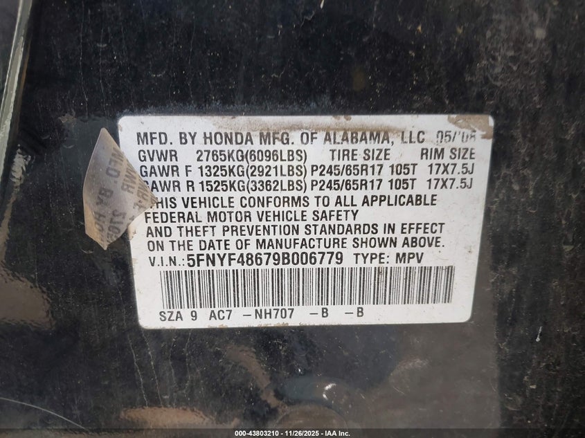 2009 Honda Pilot Ex-L VIN: 5FNYF48679B006779 Lot: 43803210