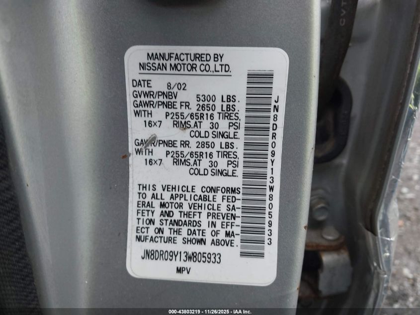 2003 Nissan Pathfinder Se VIN: JN8DR09Y13W805933 Lot: 43803219