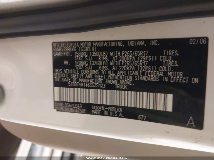 2006 Toyota Tundra Limited V8 VIN: 5TBDT48146S525123 Lot: 43803235