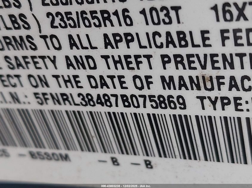 2007 Honda Odyssey Ex VIN: 5FNRL38487B075869 Lot: 43803238