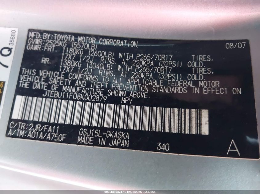 2008 Toyota Fj Cruiser VIN: JTEBU11F08K002879 Lot: 43803247