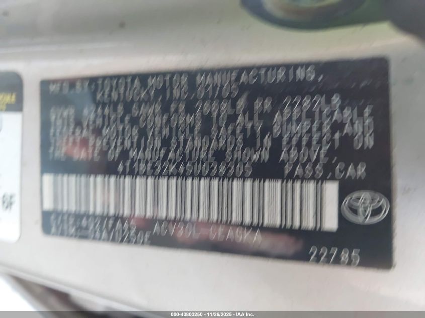 2005 Toyota Camry Xle VIN: 4T1BE32K45U038305 Lot: 43803250