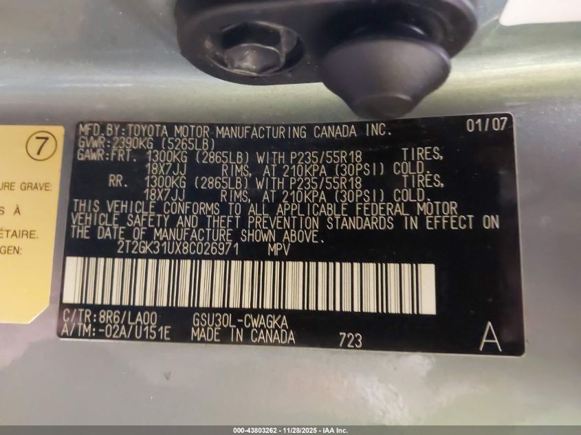 2008 Lexus Rx 350 VIN: 2T2GK31UX8C026971 Lot: 43803262