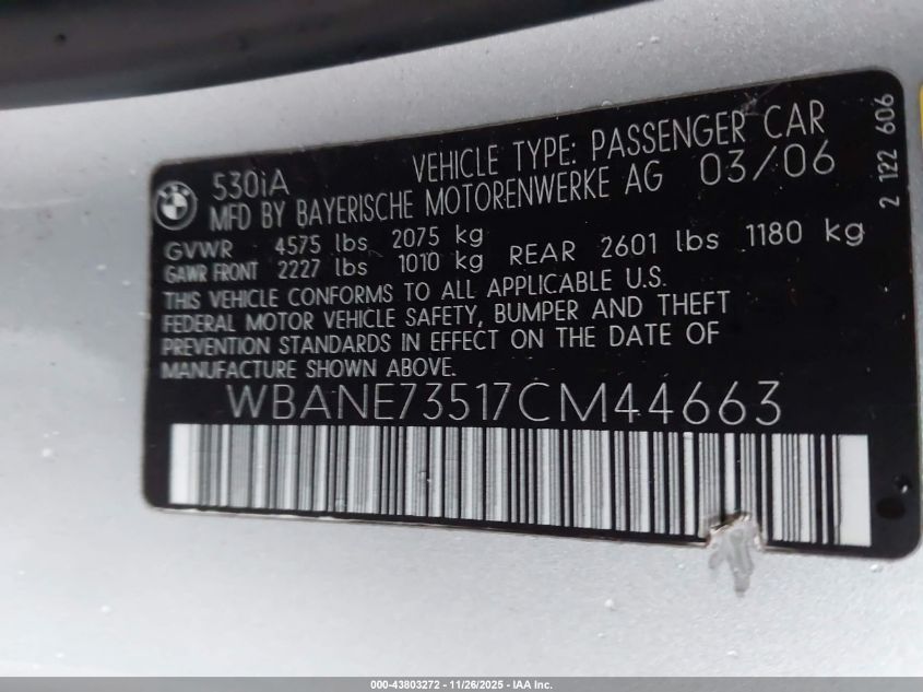2007 BMW 530I VIN: WBANE73517CM44663 Lot: 43803272