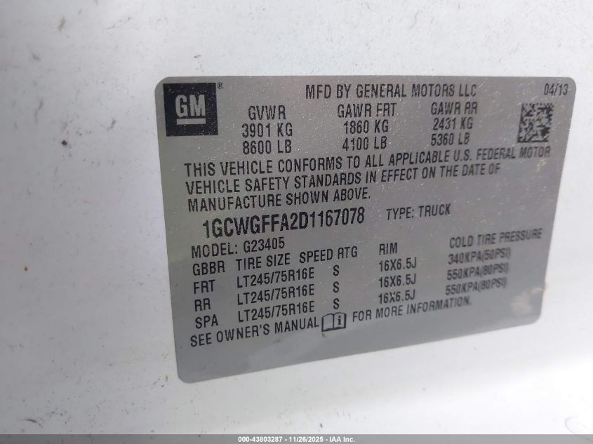 2013 Chevrolet Express 2500 Work Van VIN: 1GCWGFFA2D1167078 Lot: 43803287