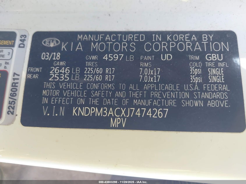 2018 Kia Sportage Lx VIN: KNDPM3ACXJ7474267 Lot: 43803298