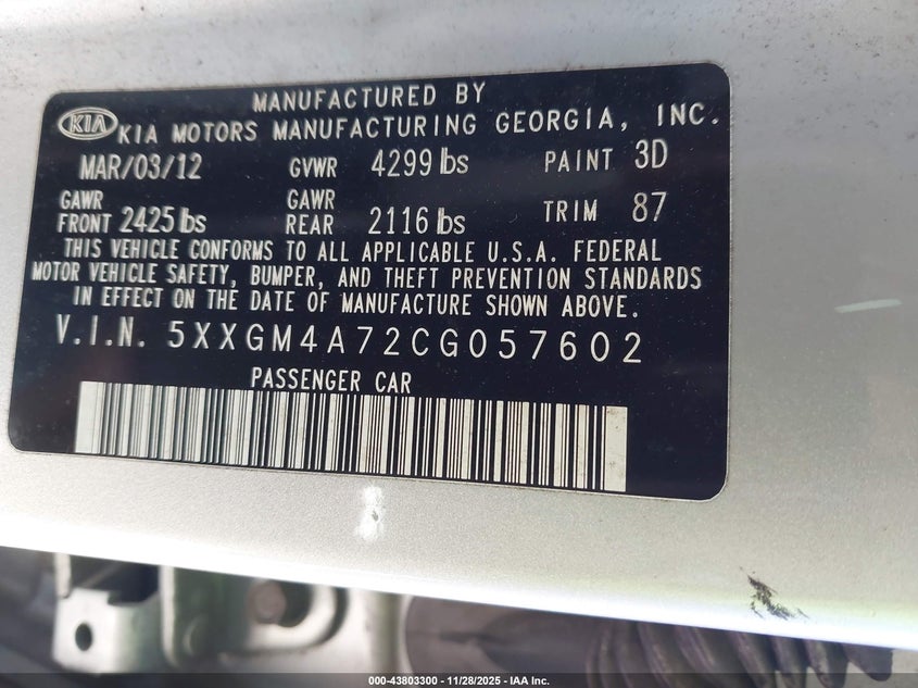 2012 Kia Optima Lx VIN: 5XXGM4A72CG057602 Lot: 43803300