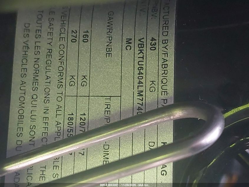 2020 Ktm 790 Duke VIN: VBKTU6404LM774035 Lot: 43803301