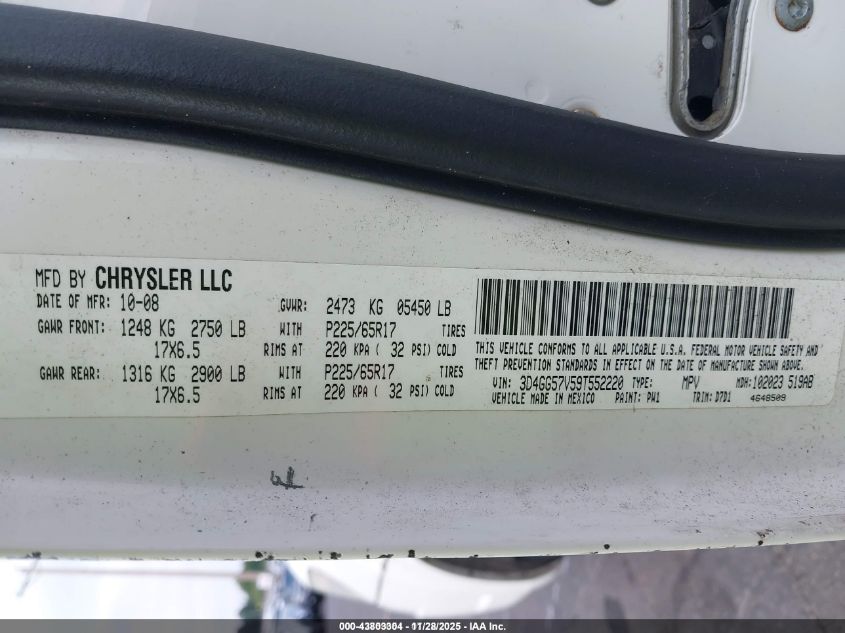 2009 Dodge Journey Sxt VIN: 3D4GG57V59T552220 Lot: 43803304