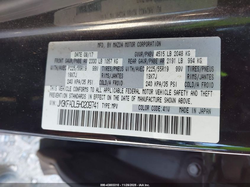 2017 Mazda Cx-5 Grand Touring VIN: JM3KFADL5H0209741 Lot: 43803310