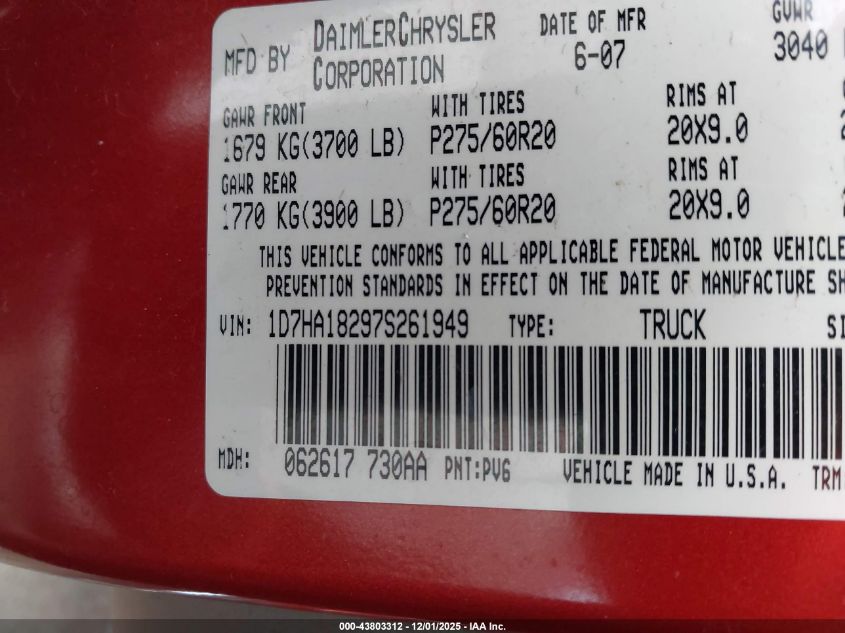 2007 Dodge Ram 1500 Slt VIN: 1D7HA18297S261949 Lot: 43803312