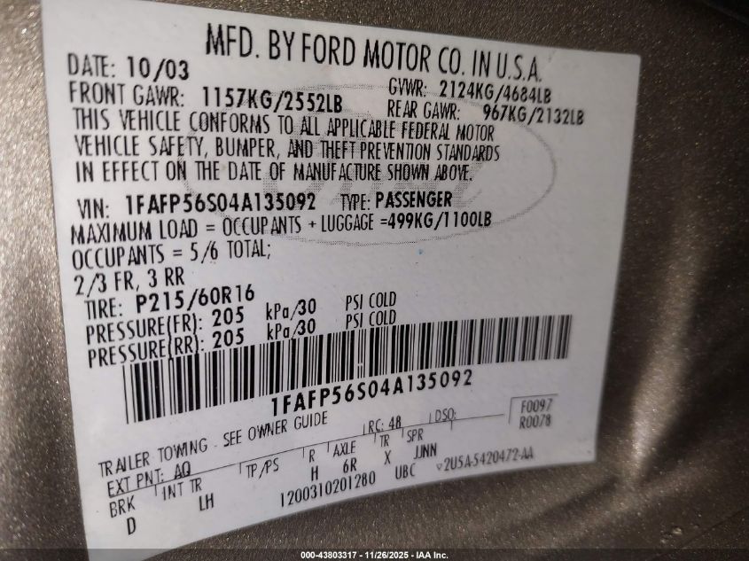 2004 Ford Taurus Sel VIN: 1FAFP56S04A135092 Lot: 43803317