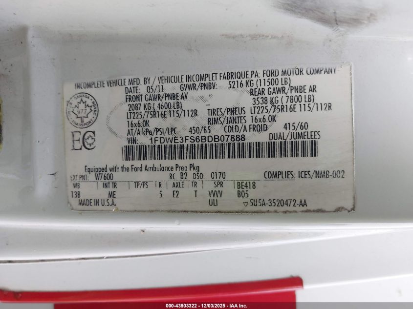 2011 Ford E-350 Cutaway VIN: 1FDWE3FS6BDB07888 Lot: 43803322