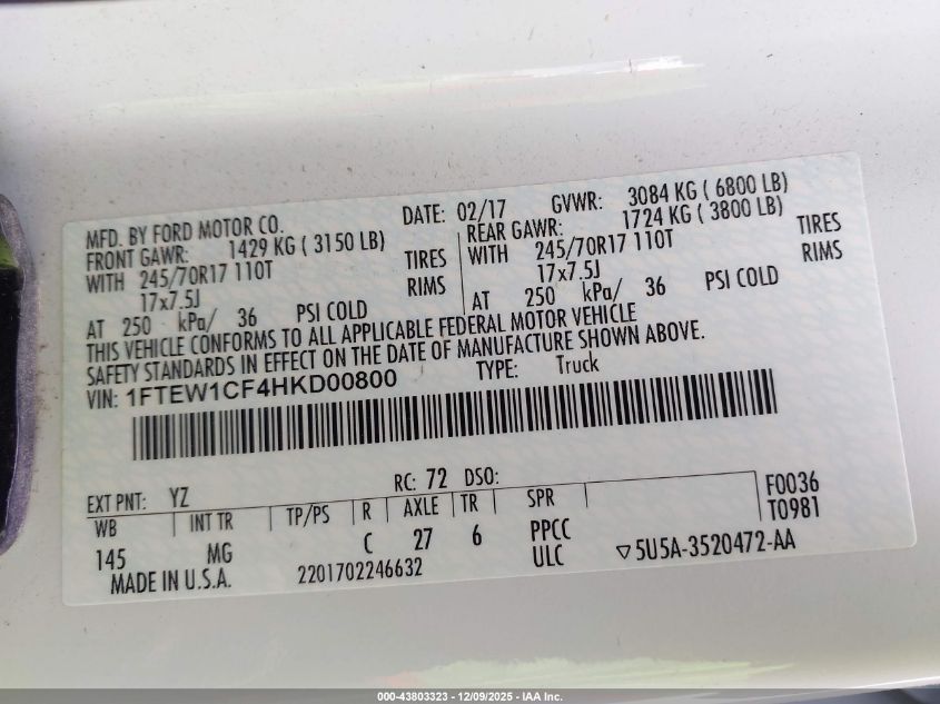 2017 Ford F-150 Xlt VIN: 1FTEW1CF4HKD00800 Lot: 43803323