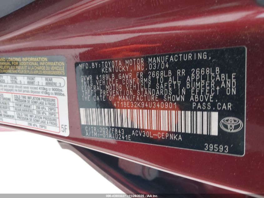 2004 Toyota Camry Le VIN: 4T1BE32K94U340901 Lot: 43803327