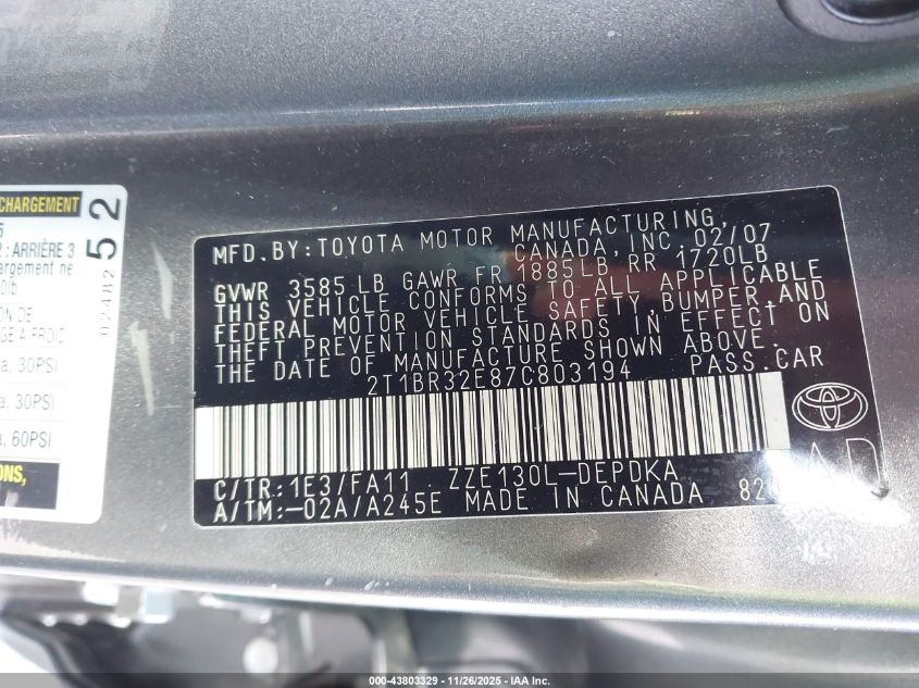 2007 Toyota Corolla Ce VIN: 2T1BR32E87C803194 Lot: 43803329