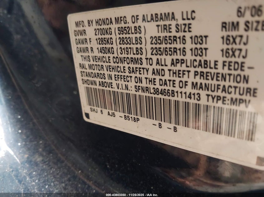 2006 Honda Odyssey Ex VIN: 5FNRL38466B111413 Lot: 43803350